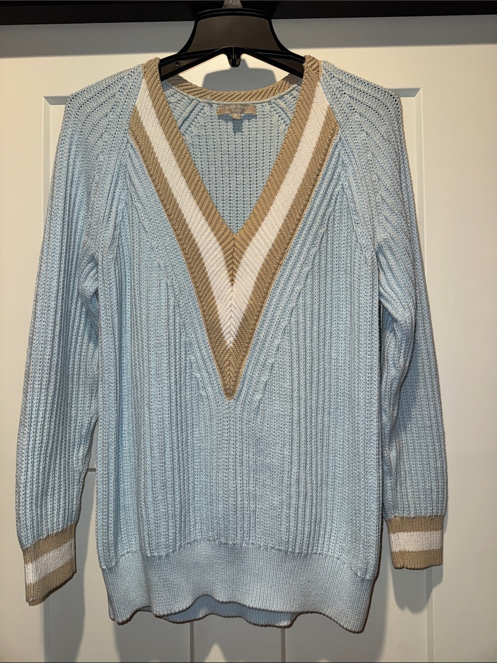 Joan Vass Light Blue V-Neck Sweater with Cream and Tan Trim
